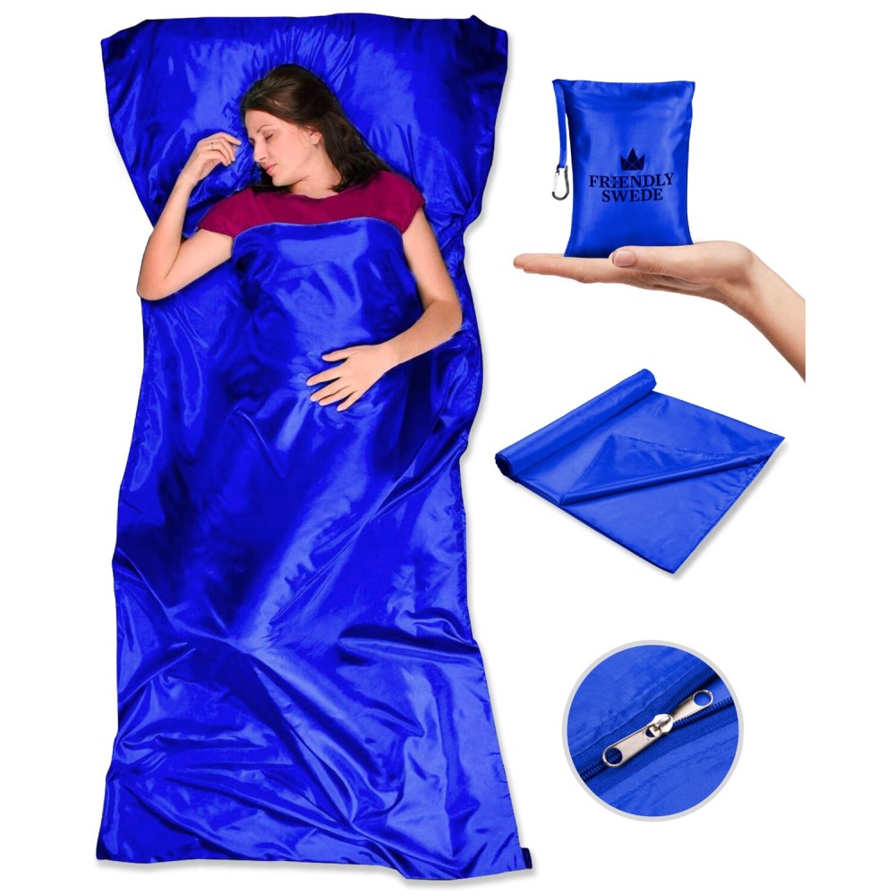 The Friendly Swede Sleeping Bag Liner Ultralight - Thin Travel Sheets for Hotel w Full Length Zipper; Silky Feel Camping Sheets & Adult Sleep Sack for Backpacking; Travel Sleeping Bag - Blue (Zipper)