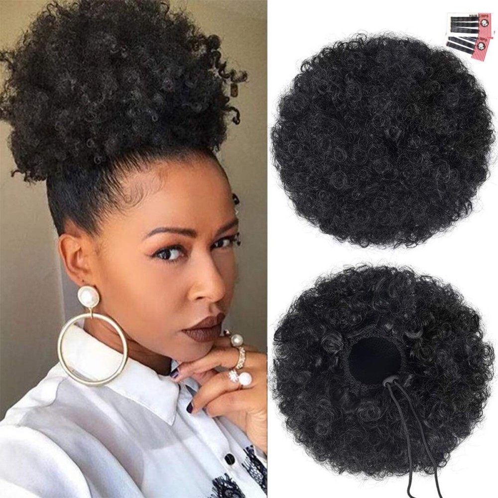 rosmile Afro Puff Drawstring Ponytail Extension for Black Women, Premium Black 1B 80gram Short Synthetic Afro Puff Ponytail for Natural Hair,Clip On Kinky Drawstring Curly Ponytail Bun