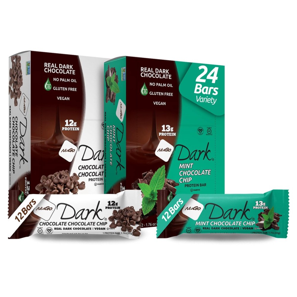 NuGo Dark Variety - Mint Chocolate Chip 12 Bars & Chocolate Chocolate Chip 12 Bars, 12-13g Protein Bar, Vegan, Gluten Free, Non-GMO, Kosher Pareve, 24 Count