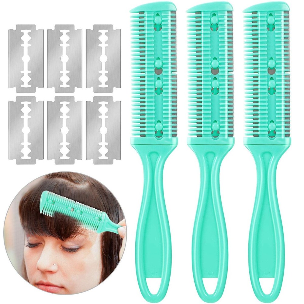Maitys 3 Pcs Haircut Razor Comb Hair Cutting Comb with 12 Replacement Blades Double Edge Shaper for Salon & Home Styling Split Ends Trimmer Styler for Thick and Thin Hair(Green)