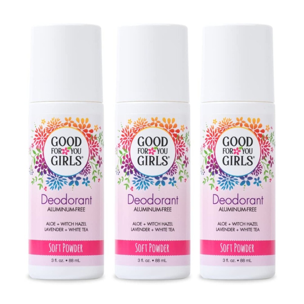 Good for You Girls Aluminum-Free, Natural Deodorant for Kids, Pre teens, Teens, Safe & Effective Odor Control, Clear Roll-On, Natural Fragrance, Vegan, Made in USA | Soft Powder, 3 oz (Pack of 3)