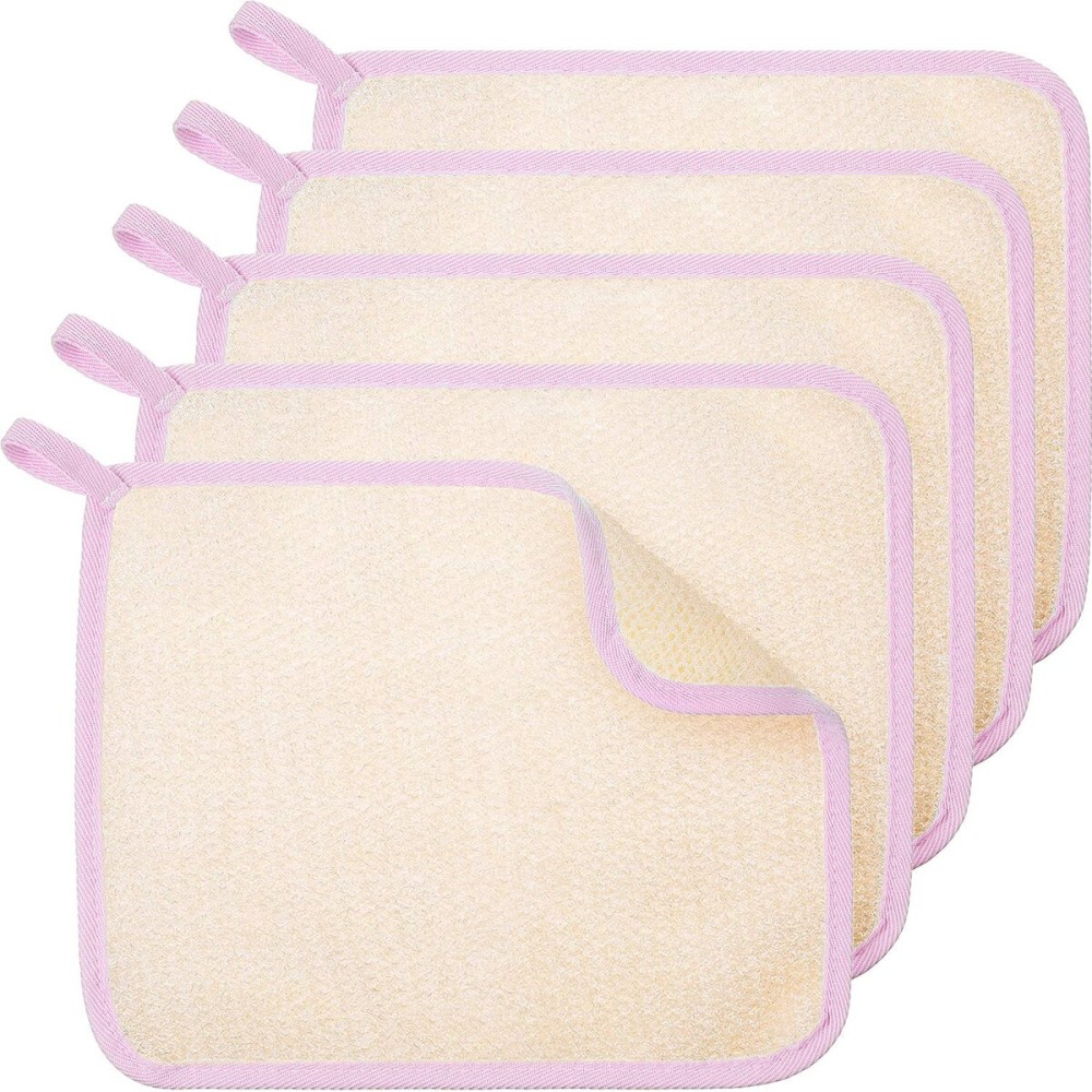 Tatuo 5 Pcs Exfoliating Face and Body Wash Cloths Towel Weave Bath Exfoliating Scrub Massage Bath Cloth for Women and Men, 10.63 x 9.05 Inch(Pink Edge)