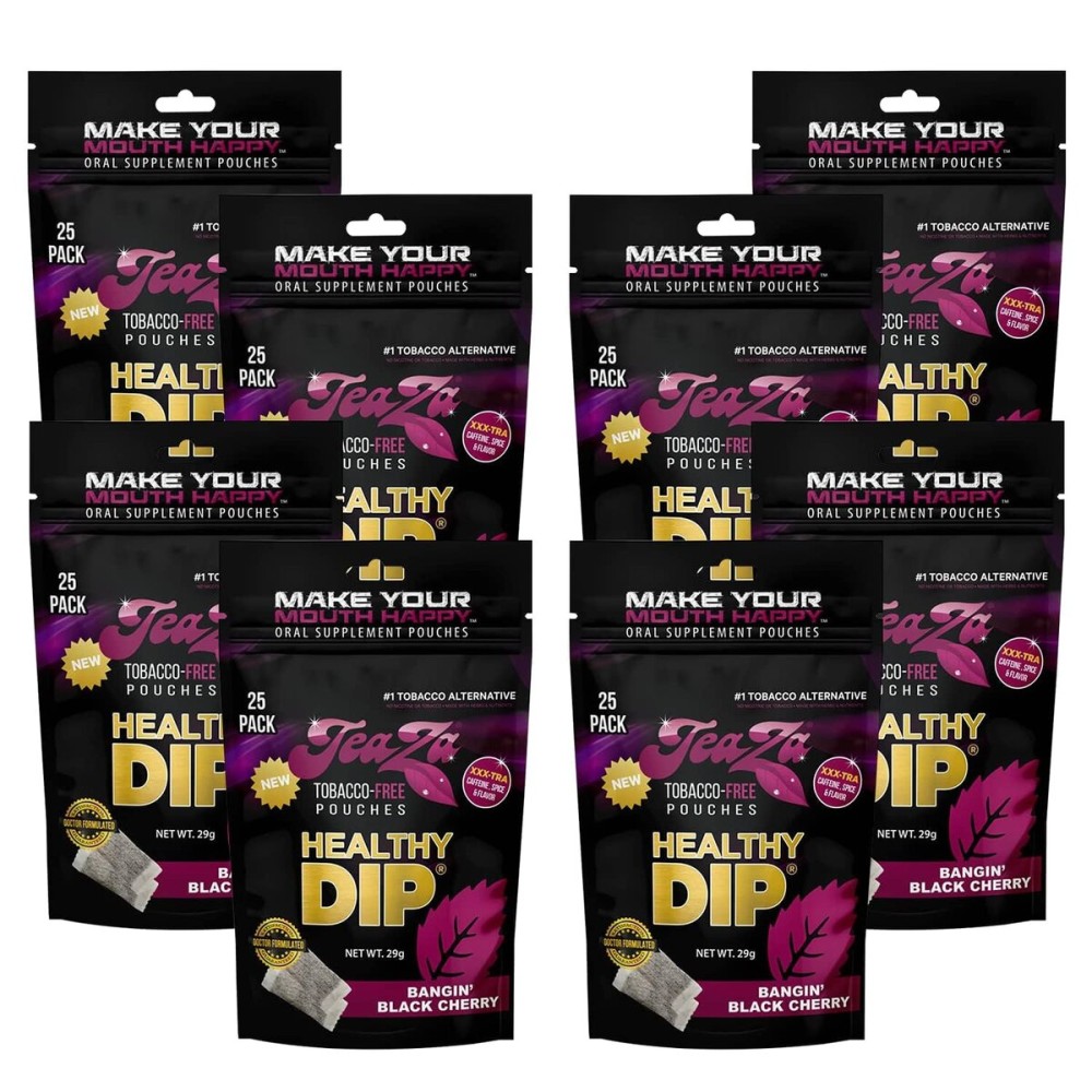 Teaza Herbal Energy Pouches Tobacco Alternative Nicotine Free Dip, Alternative Snuff Healthy Dip Pouches, Bangin\' Black Cherry (8 Pack) Tobacco Free Chew Premium Flavored