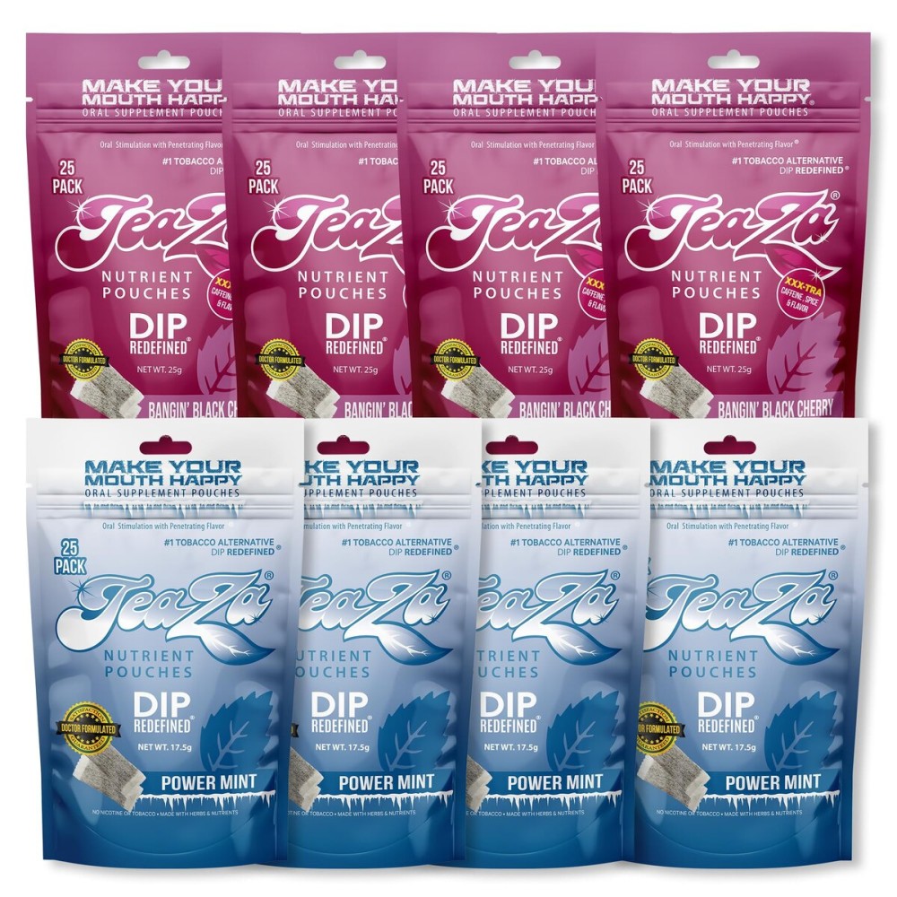 TeaZa Energy Pouches - Tobacco Free Chew Nicotine Free, Smokeless Alternative Snuff and Healthy Chewing Dipping Tobacco Alternative | 4 Power Mint & 4 Bangin\' Black Cherry | 8 x 25 Pouch Packs
