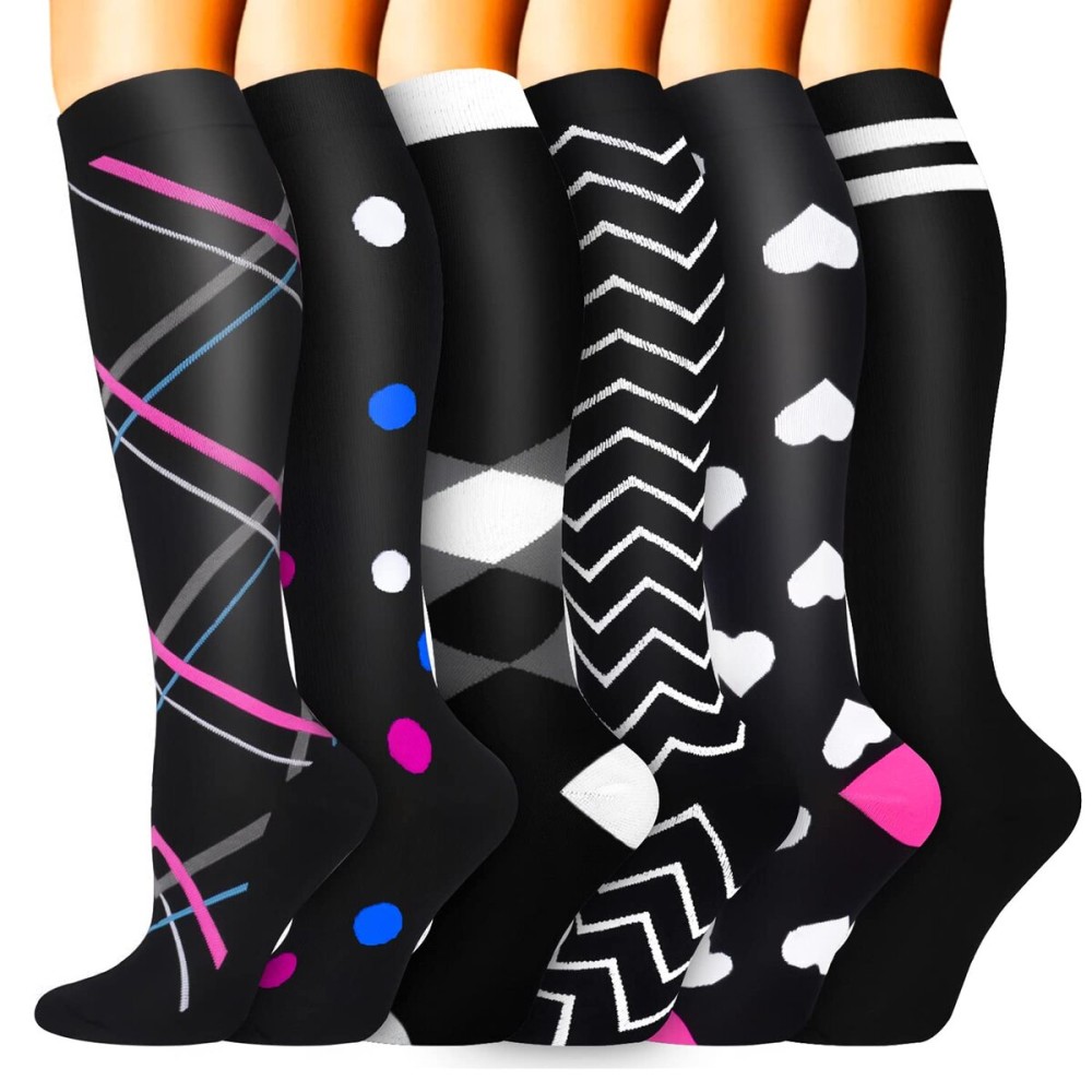 Compression Socks for Women & Men 6 Pairs is Best Supportive Knee High Stockings for Circulation, Travel, Nurses