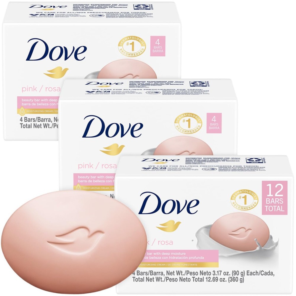 Dove Soap, Pink Beauty Bar 3-Pack (12 Soap Bars) - 3-in-1 Moisturizing Face, Body & Hand Soap, 3.17 Oz Ea
