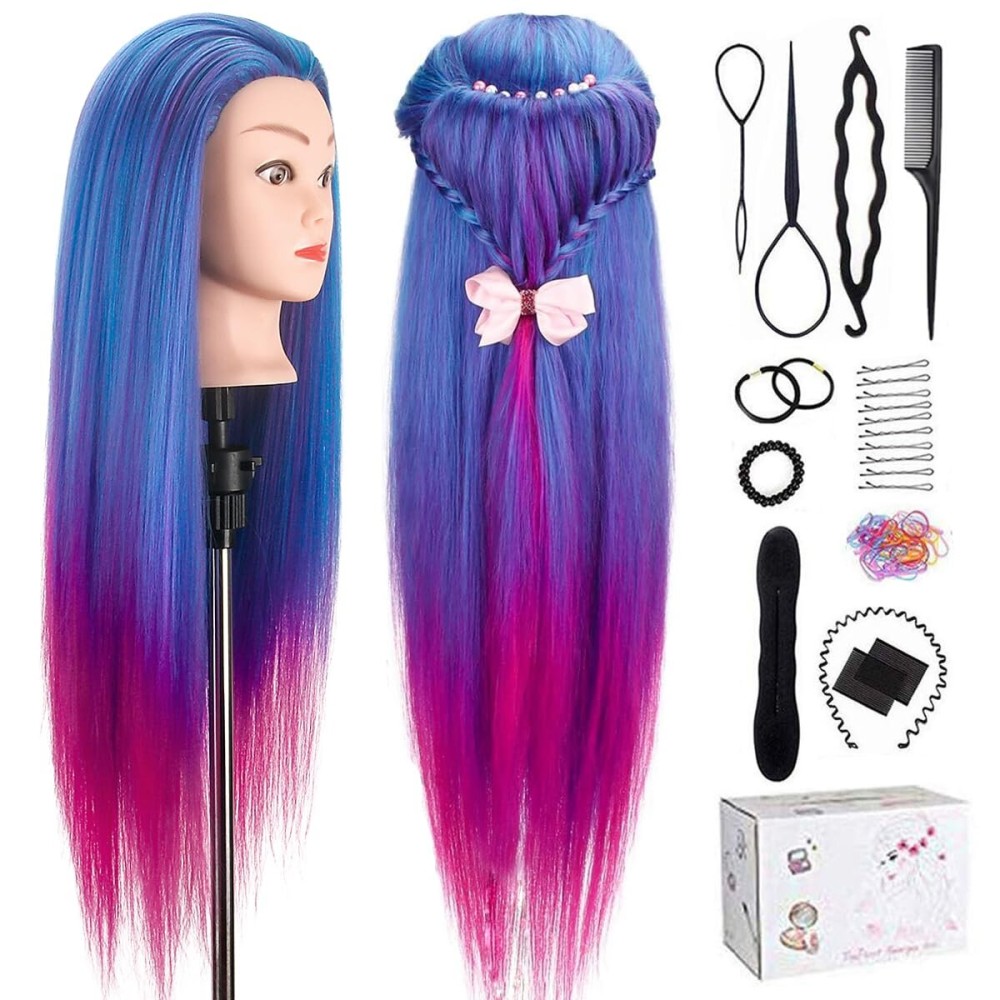 Mannequin Head with Hair, TopDirect 29 100% Synthetic Fiber Training Head Manikin Cosmetology Hair Doll Head Styling Hairdressing Training Braiding Practice Heads with Clamp Holder and Tools