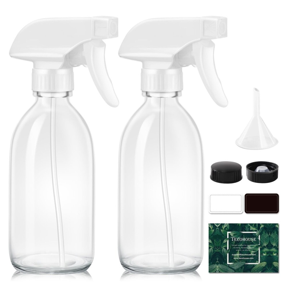 Tecohouse Glass Spray Bottle 8 oz, Clear Small Empty Refillable Sprayer Container with Labels, Funnel, Lids, Graduated Pipettes - Handheld Size