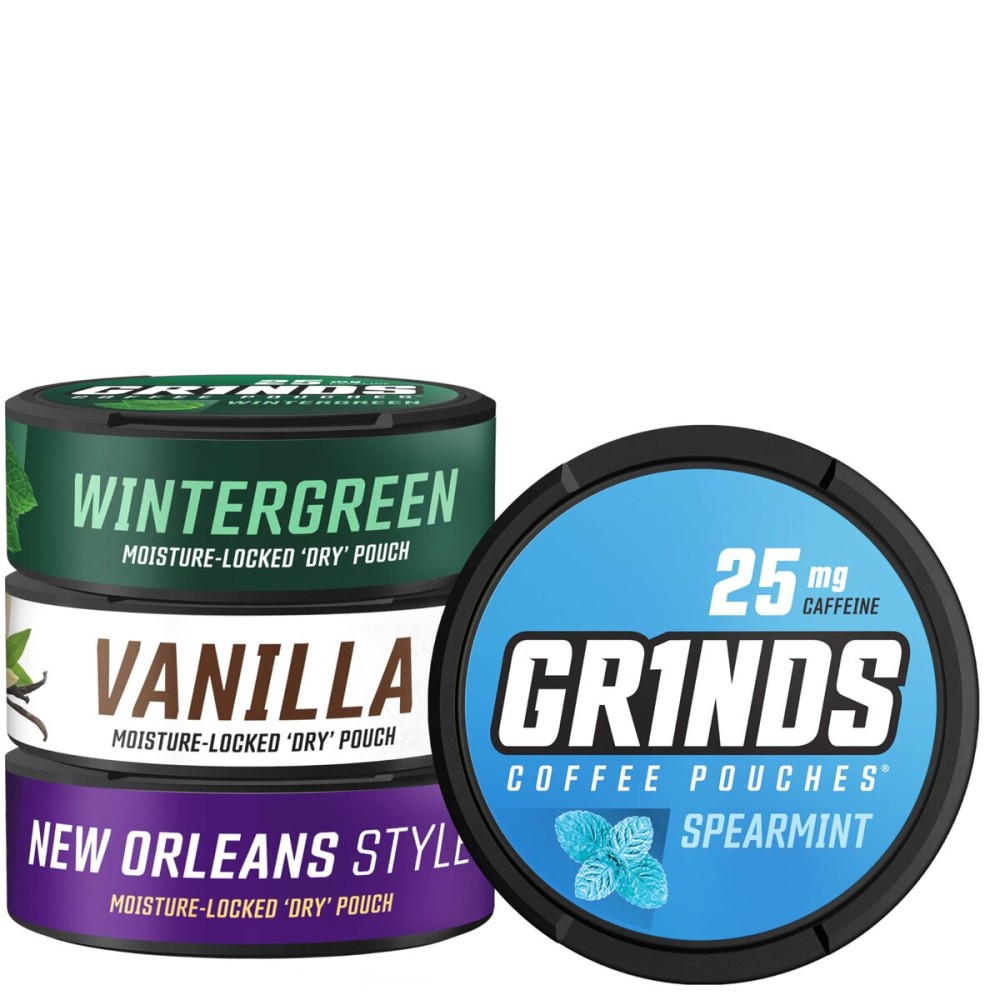 Grinds Coffee Pouches | New Top 4 Flavors | Spearmint, Wintergreen, Vanilla, New Orleans | 1 Pouch eq. 1/4 Cup of Coffee (New Top 4 Flavors)
