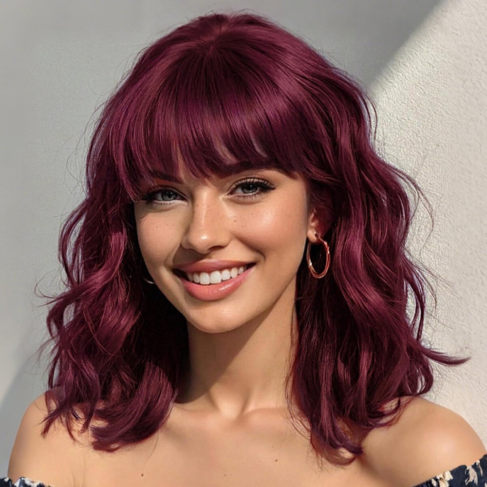 Nnzes Bob Curly Wig Synthetic Short Wine Red Wig with Bangs Natural Looking Heat Resistant Fiber Hair for Women