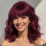 Nnzes Bob Curly Wig Synthetic Short Wine Red Wig with Bangs Natural Looking Heat Resistant Fiber Hair for Women