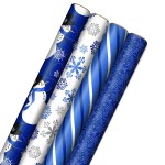 Image Arts Blue Christmas Wrapping Paper with Cut Lines on Reverse (4 Rolls: 120 sq. ft. ttl) Snowmen, Snowflakes, Blue and White Stripes