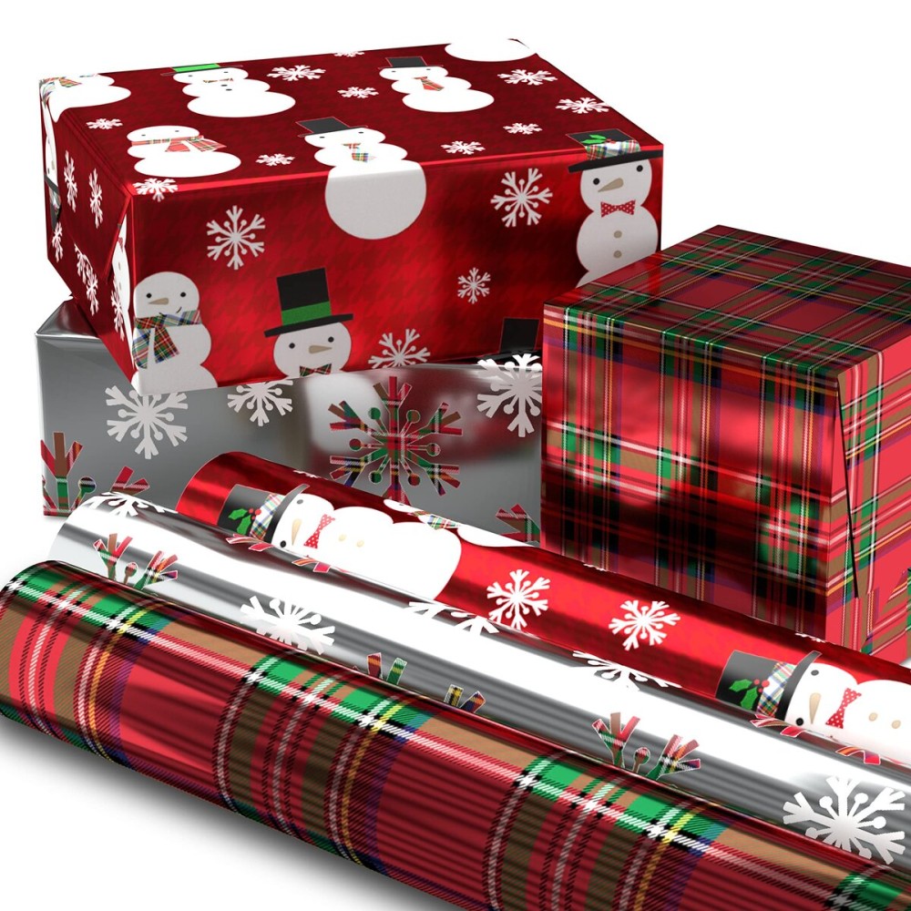Hallmark Foil Christmas Wrapping Paper with Cut Lines on Reverse (3 Rolls: 60 sq. ft. ttl) Plaid Snowflakes, Snowmen, Red, Green and Blue Plaid