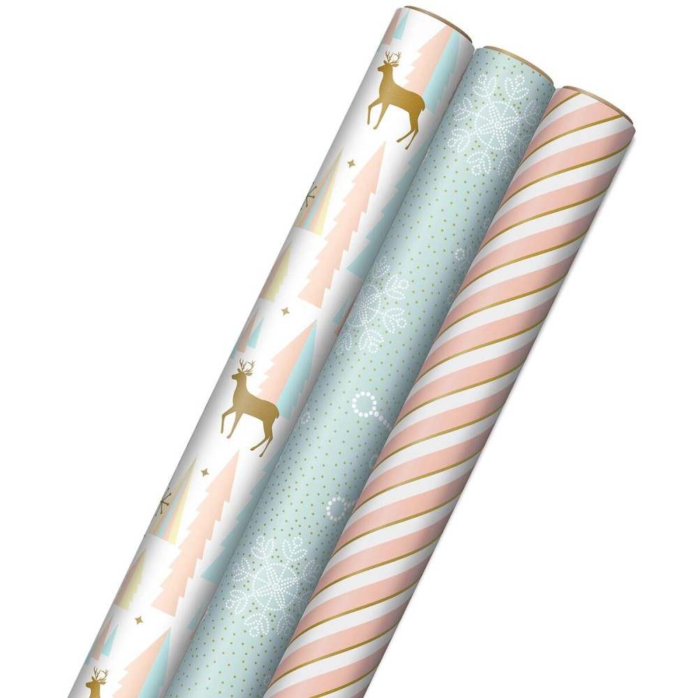 Hallmark Pink Christmas Wrapping Paper with Cut Lines on Reverse (3 Rolls: 120 sq. ft. ttl) Pink, Mint, Gold, Reindeer, Christmas Trees, Snowflakes