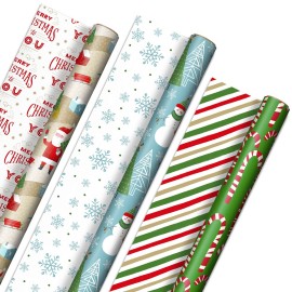 Hallmark Reversible Christmas Wrapping Paper (3 Rolls: 120 sq. ft. ttl) Rustic Santa, Papercraft Snowmen, Candy Canes, Stripes, Snowflakes, Merry Christmas to You