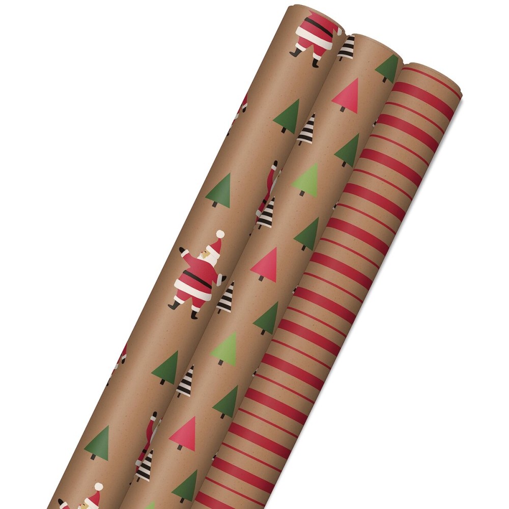 Hallmark Christmas Wrapping Paper Rolls, Brown Kraft Holiday Gift Wrap (Pack of 3: 90 sq. ft. ttl) Kraft with Santas, Trees, Stripes