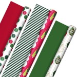 Hallmark Reversible Christmas Wrapping Paper (3 Rolls: 120 sq. ft. ttl) Retro Ornaments, Stripes, Polka Dots, Snowmen, Solid Red and Green