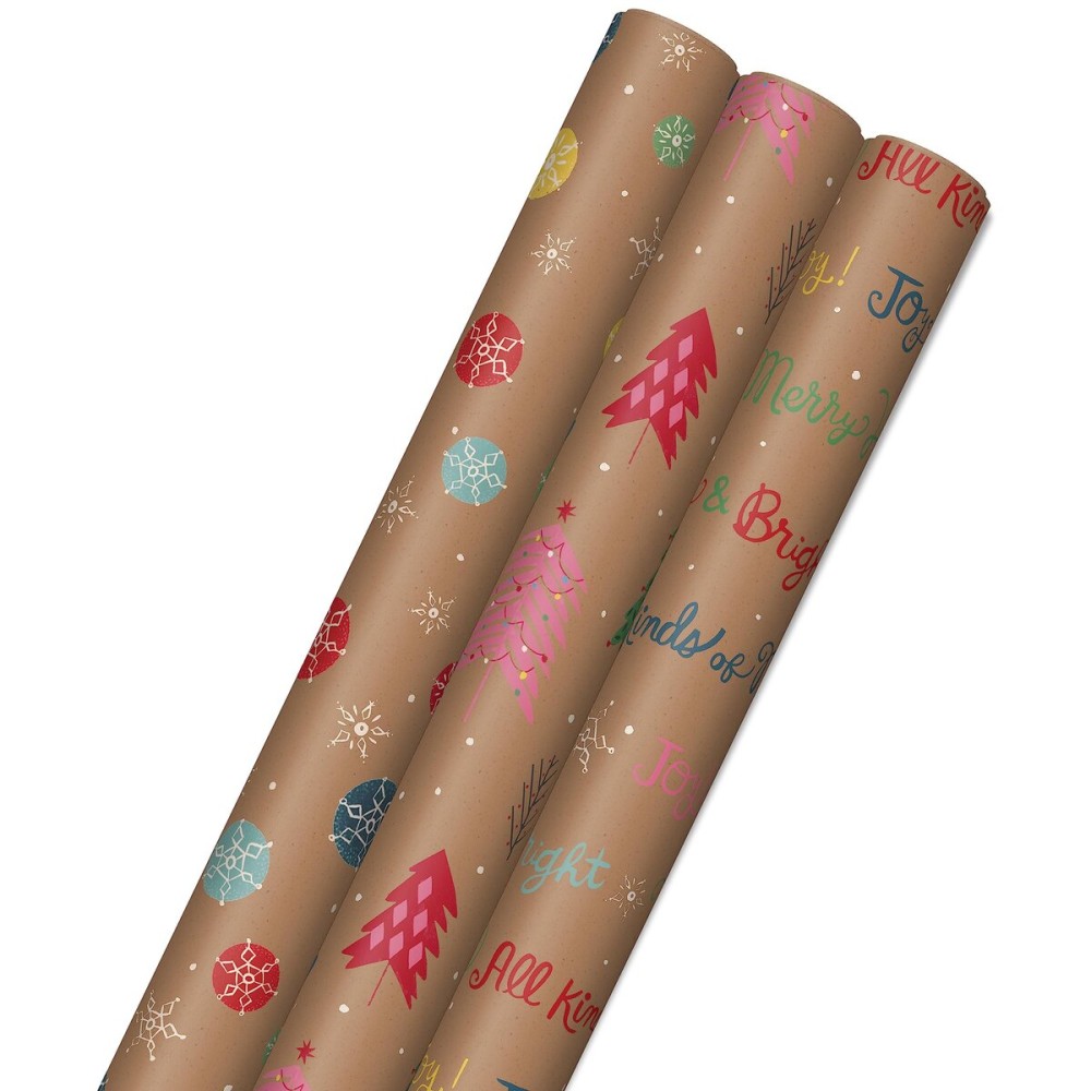Hallmark Christmas Wrapping Paper Rolls, Brown Kraft Holiday Gift Wrap (Pack of 3: 90 sq. ft. ttl) Snowflakes, Pink Trees, All Kinds of Merry