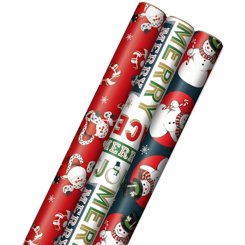 Hallmark Vintage Christmas Wrapping Paper Cut Lines on Reverse (3 Rolls: 120 sq. ft. ttl) Dancing Santas, Classic Snowman, Merry, Jolly, Happy, Peace