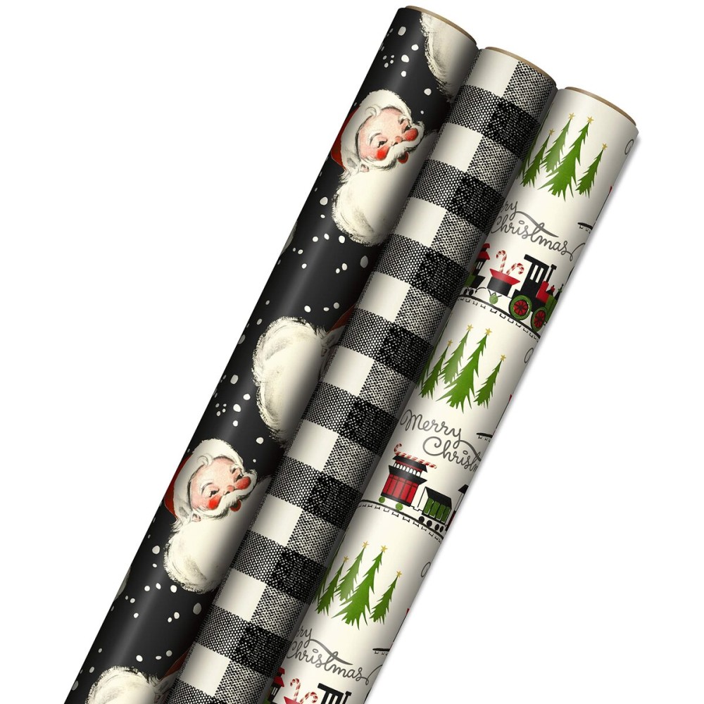 Hallmark Black Christmas Wrapping Paper with Cut Lines on Reverse (3 Rolls: 120 sq. ft. ttl) Retro Santa, Black and White Buffalo Plaid, Train and Trees (0005JXW1077)