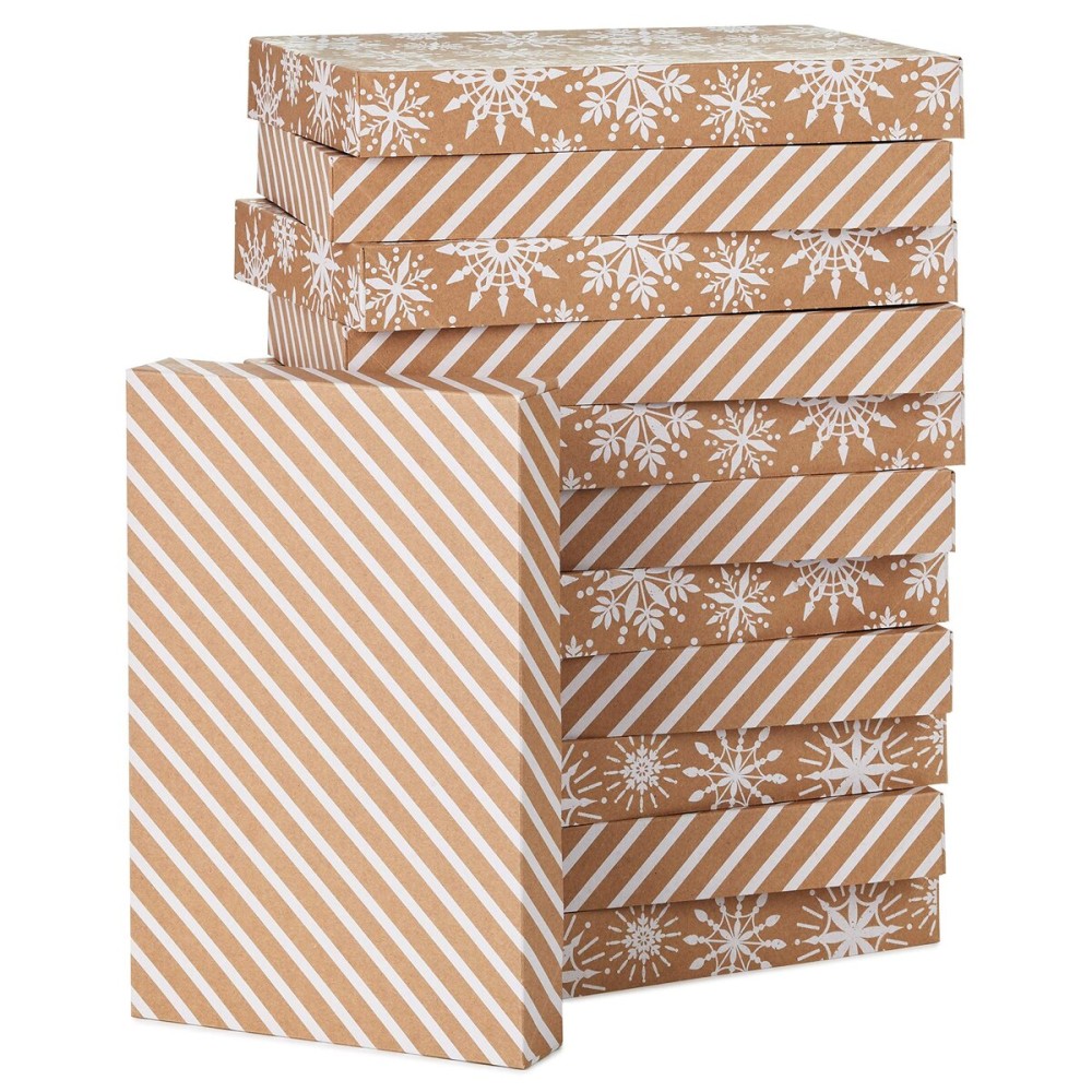 Hallmark Medium Christmas Gift Boxes with Lids (12 Shirt Boxes, 3 Designs: Navy Snowflakes, Gold Trees, Peace on Earth) for Christmas, Hanukkah, Holiday Parties