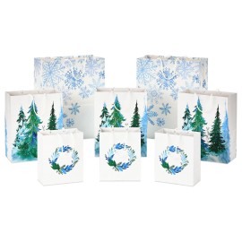 Hallmark Christmas Gift Bags - White with Wreaths, Snowflakes and Trees (8 Recyclable Bags: 3 Small 6, 3 Medium 9, 2 Large 13) for Holiday Parties, Hanukkah, Winter Weddings