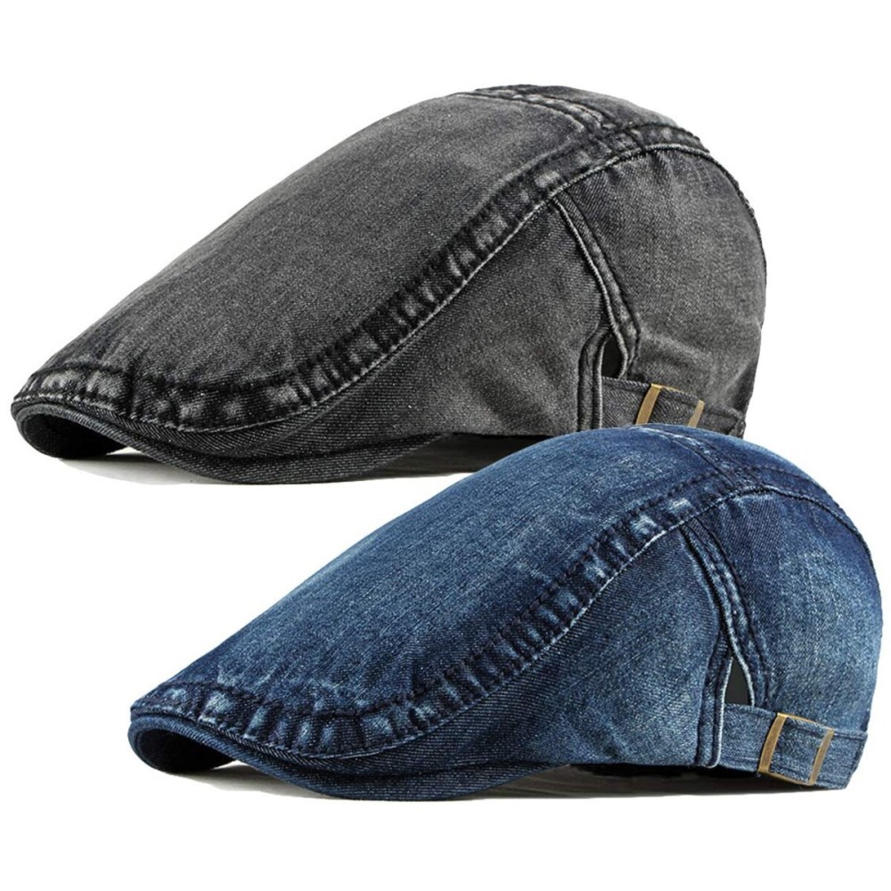 2 Pack Mens Denim Cotton Newsboy Cap Ivy Gatsby Driving Hunting Cabbie Hats (C)