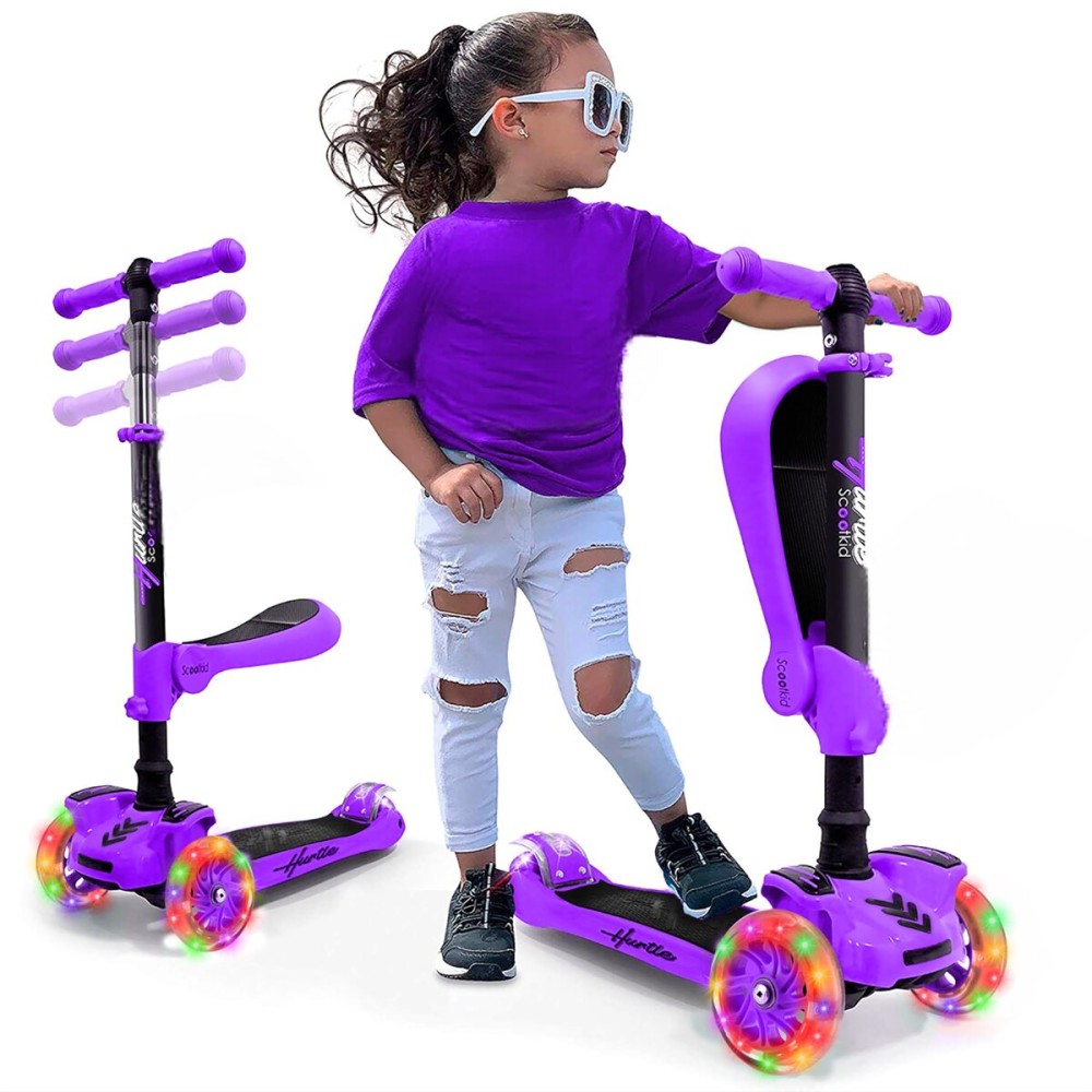 Hurtle 3 Wheeled Scooter for Kids - 2-in-1 Sit/Stand Child Toddlers Toy Kick Scooters with Flip-out Seat, Adjustable Height, Wide Deck, Flashing Wheel Lights, For Boys/Girls 1 Year Old+