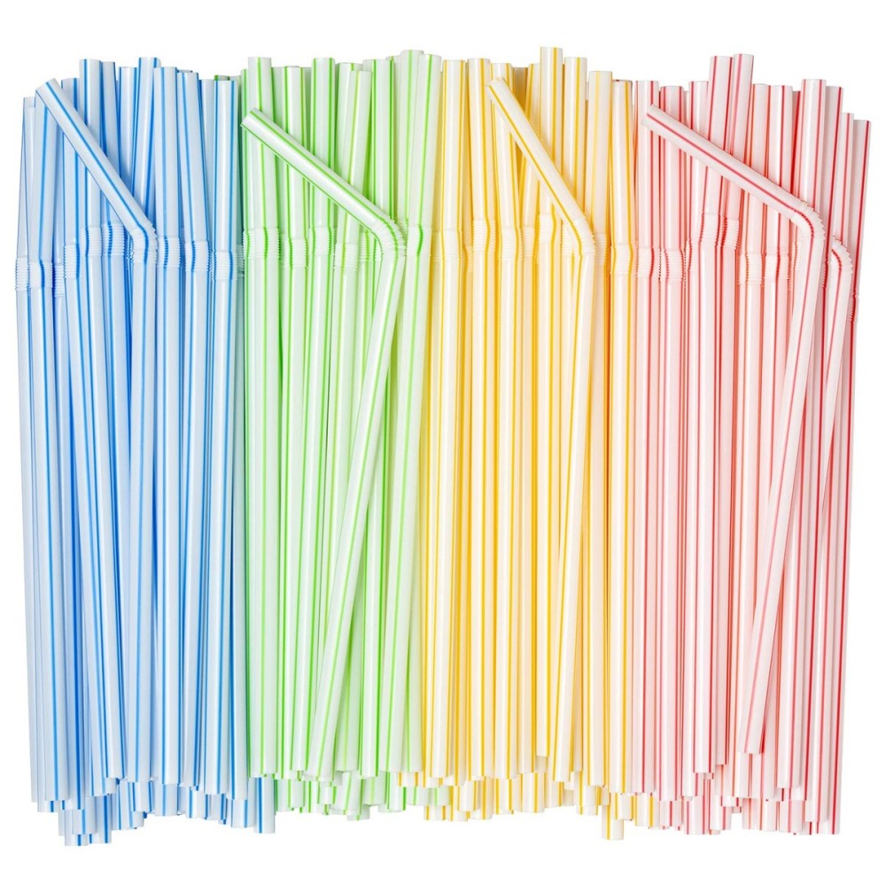 Comfy Package [400 Pack] 7.75High Flexible Plastic Straws, Disposable Drinking Straws - Striped Assorted Colors