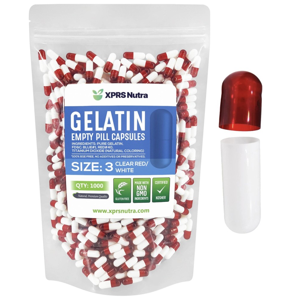 XPRS Nutra Size 3 Empty Capsules - 1000 Count Empty Gelatin Capsules - Pills DIY Capsule Filling - Pure Bovine Pill Gel Caps for Do-It-Yourself Supplements (Clear Red/White)