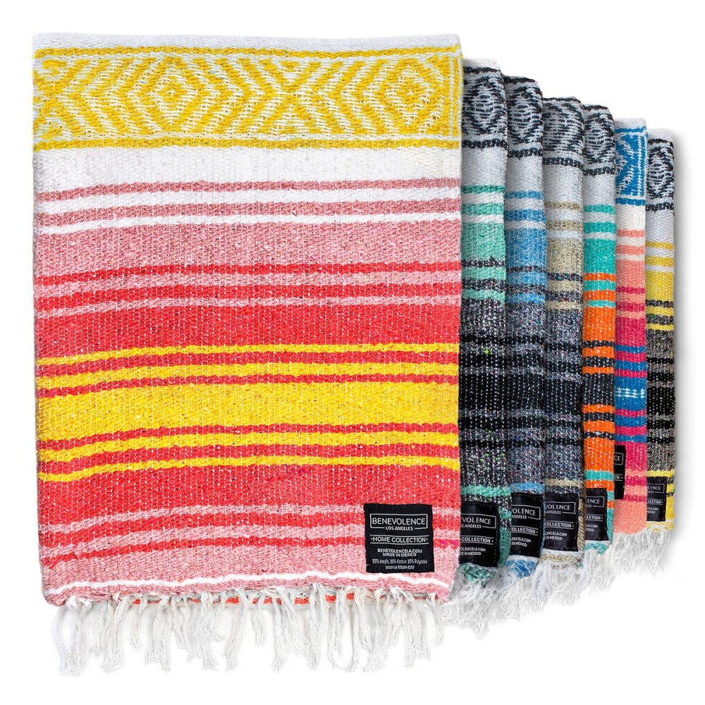 Benevolence LA Authentic Handwoven Mexican Blanket | Yoga Blankets, Outdoor, Picnic, Beach, Camping | Equestrian Saddle | Serape 50x70 inches - Pink Lemonade, Pack of 1