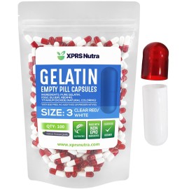 XPRS Nutra Size 3 Empty Capsules - 100 Count Empty Gelatin Capsules - Pills DIY Capsule Filling - Pure Bovine Pill Gel Caps Fillable for Do-It-Yourself Vitamins and Supplements (Clear Red/White)