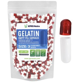 XPRS Nutra Size 3 Empty Capsules - 500 Count Empty Gelatin Capsules - Pills for DIY Capsule Filling - Pure Bovine Pill Gel Caps Fillable for Do-It-Yourself Vitamins and Supplements (Clear Red/White)