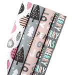 WRAPAHOLIC 30 Inch Christmas Wrapping Paper Roll - Jumbo Roll Rustic Kraft Pink and Grey Christmas Set for Holiday, Party Deco - 4 Rolls - 30 Inch x 120 Inch Per Roll
