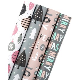 WRAPAHOLIC 30 Inch Christmas Wrapping Paper Roll - Jumbo Roll Rustic Kraft Pink and Grey Christmas Set for Holiday, Party Deco - 4 Rolls - 30 Inch x 120 Inch Per Roll