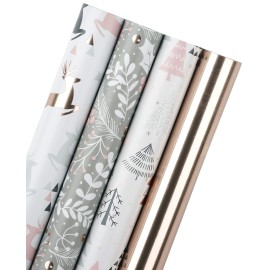 WRAPAHOLIC 30 Inch Christmas Wrapping Paper Roll - Jumbo Roll Rose Gold and Pink Holiday Design with Metallic Foil Shine - 4 Rolls - 30 Inch x 120 Inch Per Roll