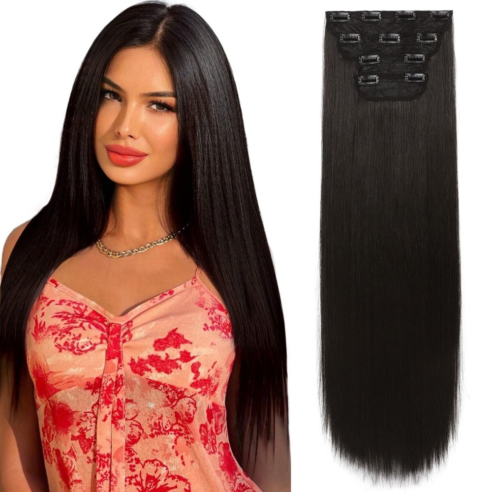REECHO 28 Straight Super Long 4 PCS Set Thick Clip in on Hair Extensions Black Brown