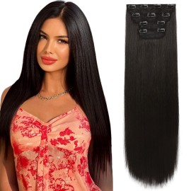 REECHO 28 Straight Super Long 4 PCS Set Thick Clip in on Hair Extensions Black Brown