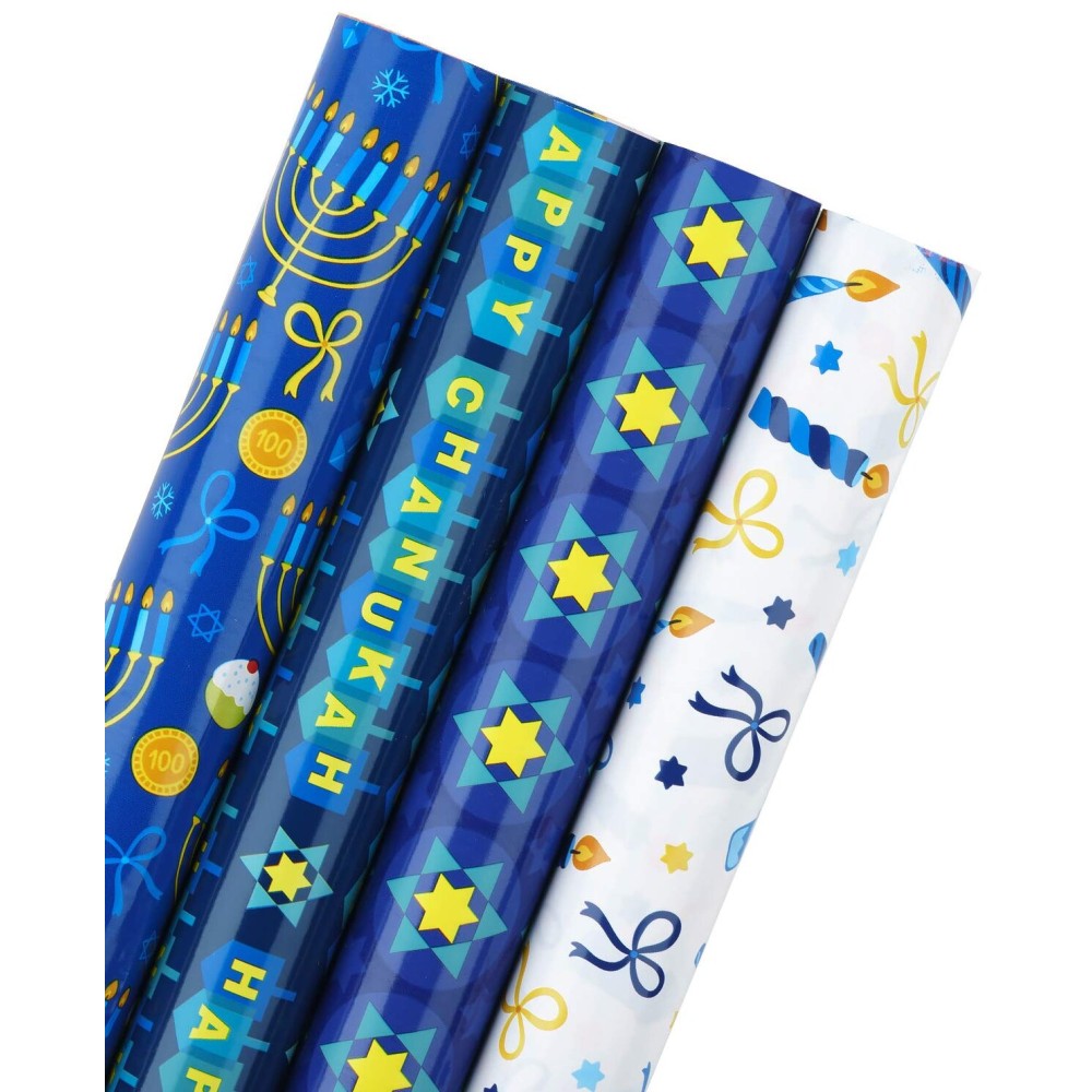 WRAPAHOLIC 30 Inch Hanukkah Wrapping Paper Roll - Jumbo Roll Menorahs, the Star of David, Candles Design for Chanukah Celebration - 4 Rolls - 30 Inch x 120 Inch Per Roll