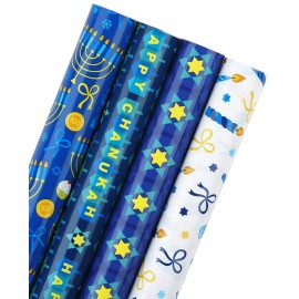 WRAPAHOLIC 30 Inch Hanukkah Wrapping Paper Roll - Jumbo Roll Menorahs, the Star of David, Candles Design for Chanukah Celebration - 4 Rolls - 30 Inch x 120 Inch Per Roll