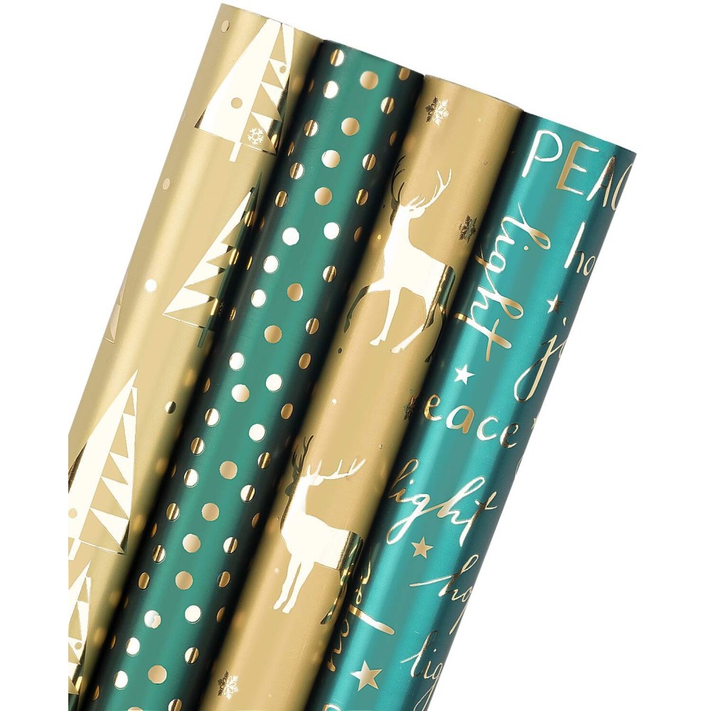 WRAPAHOLIC 30 Inch Green Christmas Wrapping Paper Roll - Jumbo Roll Green and Gold Holiday Design with Metallic Foil Shine - 4 Rolls - 30 Inch x 120 Inch Per Roll