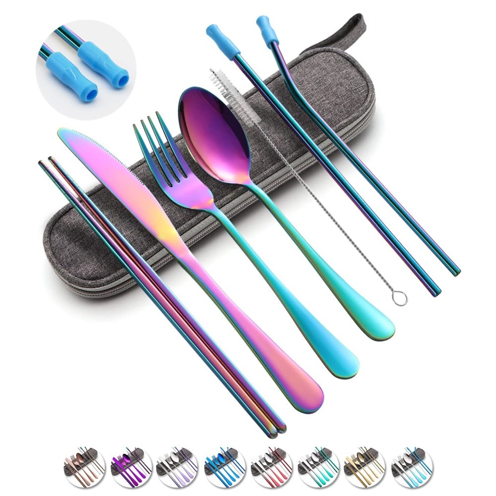 Travel Utensils Set with Case Reusable Portable Cutlery Set Stainless Steel 8pcs Including Dinner Knife Fork Spoon Chopsticks Straws(Rainbow)