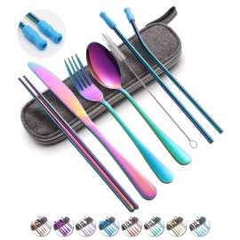 Travel Utensils Set with Case Reusable Portable Cutlery Set Stainless Steel 8pcs Including Dinner Knife Fork Spoon Chopsticks Straws(Rainbow)