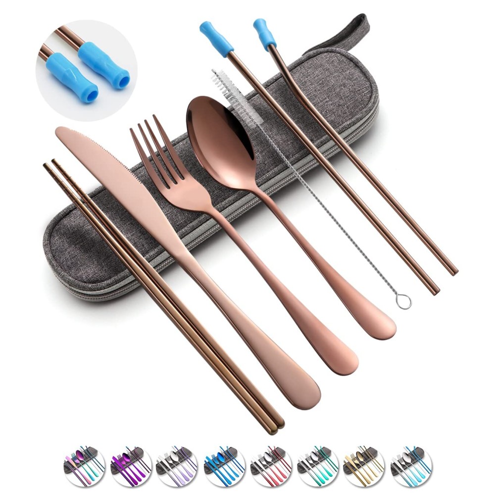 Travel Utensils Set with Case Reusable Portable Cutlery Set Stainless Steel 8pcs Including Dinner Knife Fork Spoon Chopsticks straws(Rose Gold)
