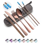 Travel Utensils Set with Case Reusable Portable Cutlery Set Stainless Steel 8pcs Including Dinner Knife Fork Spoon Chopsticks straws(Rose Gold)