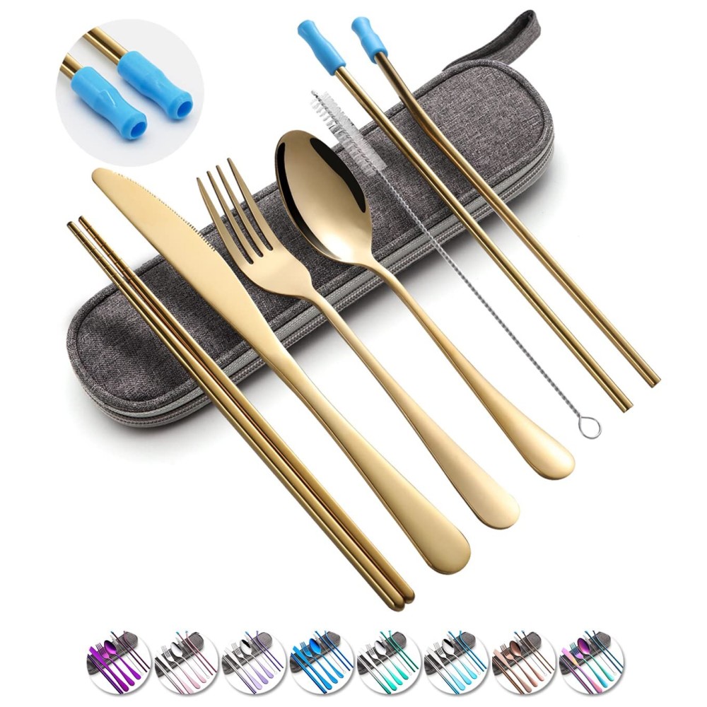 Travel Utensils Set with Case Reusable Portable Cutlery Set Stainless Steel 8pcs Including Dinner Knife Fork Spoon Chopsticks straws(Gold)