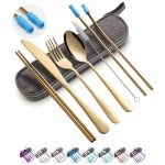 Travel Utensils Set with Case Reusable Portable Cutlery Set Stainless Steel 8pcs Including Dinner Knife Fork Spoon Chopsticks straws(Gold)
