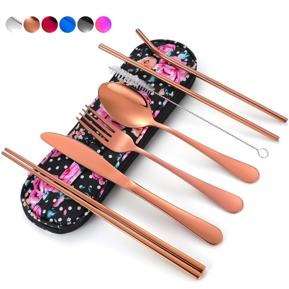 Travel Utensils,Reusable Silverware Set To Go Portable Cutlery Set with a Waterproof Carrying Case for Lunch Boxes Workplace Camping Picnic (Rosegold)