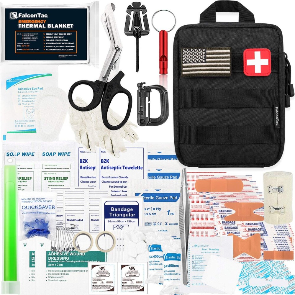 FalconTac 200 Pieces First Aid Kit IFAK Survival Kit Molle System Compatible Pouch, Emergency Kit Gift for Men, Dad, Husband, for Outdoor, Camping, Hunting, Hiking, Home, Earthquake, Disasters Black