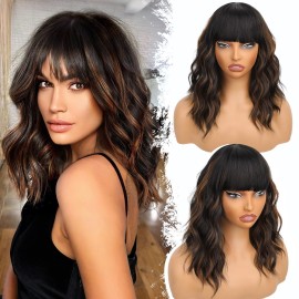 Nnzes Black Mixed Brown Wig with Bangs Short Bob Wavy Wigs Synthetic Curly Wig for Women Natural Looking Heat Resistant Fiber Hair for Daily Party Use